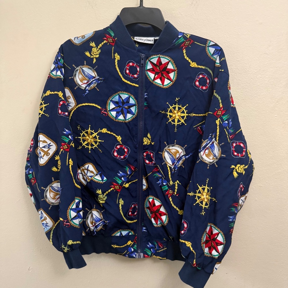 Alfred Dunner Vintage Nautical Bomber Jacket Navy Blue Novelty Print Size 10